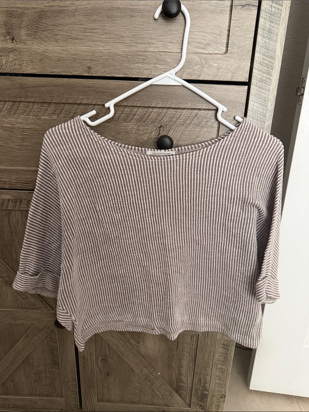Caution To The Wind Taupe and White Striped Ribbed Crop Top